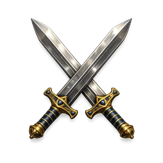 Crossed steel swords with gold hilts