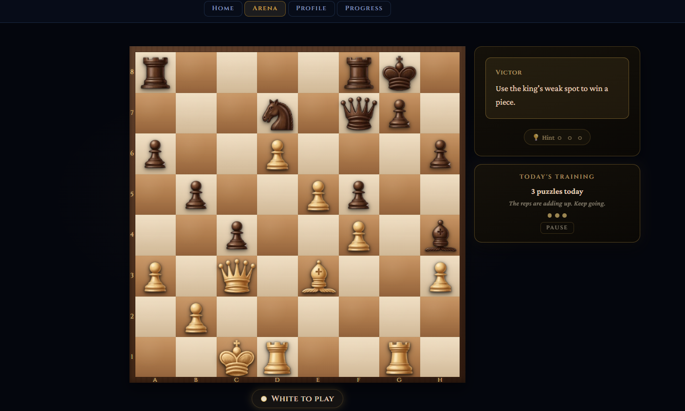 The CrunchChess Arena: a real training position with Coach Victor’s guidance and the day’s progress.